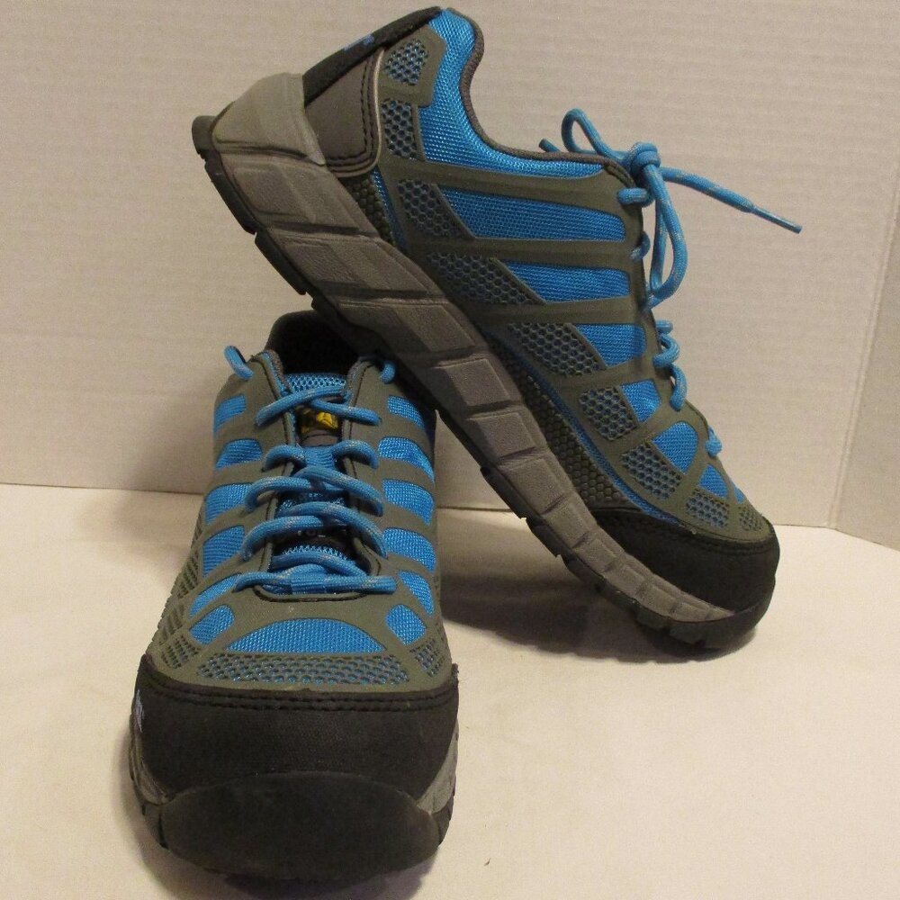 Caterpillar Woman Size 6.5 Blue Gray Black Lace Up Safety Steel Toe Work Shoes